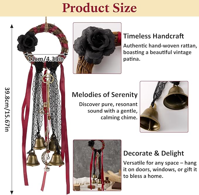 Witches Bells for Door Protection - Handmade Witch Bells Door Knob Wind Chimes Hanging Witchcraft Supplies Wiccan Decor, Unique Gifts for Witches. Magic Wreath Decor Witchy Accessories