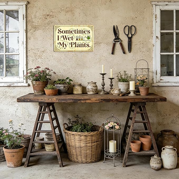 Garden Signs for Outside - Sometimes I Wet My Plants, Funny Metal Signs for Home Garden Patio Yard, Vintage Gardening Gifts for Women, Wall Decor 12" x 8"