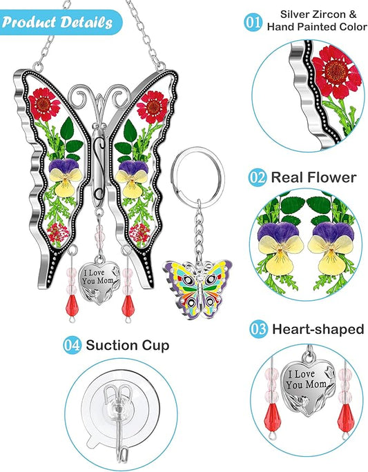 KY&BOSAM Gifts for Mom I Love You Mom Butterfly Suncatcher Stained Glass Window Hanging Wind Chime with Pressed Real Flowers Purple Butterfly Mother Gift for Women Mothers Day Christmas Birthday Decor