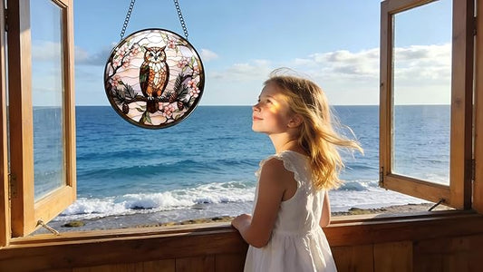 Stained Glass Window Hanging - The Owl is on The Branch of The Pine Tree 6.3 Inches Suncatcher for Garden Home Decor for Women Mon Grandma Friends