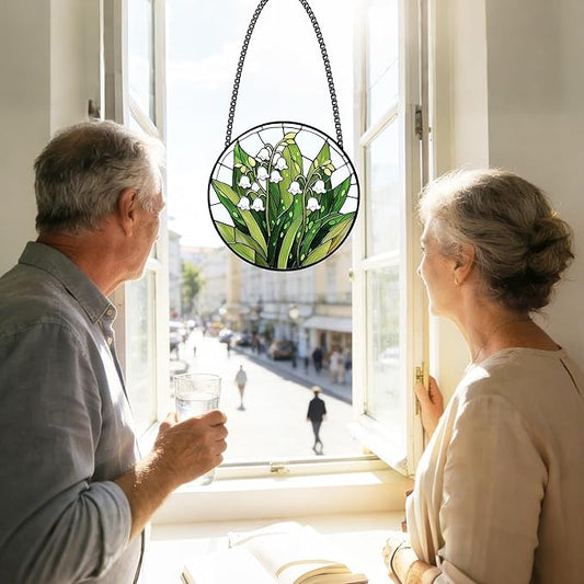 Stained Glass Window Hanging, Lily of the Valley Flower Sun Catcher Glass Panel Green and White Suncatcher Decor for Birthday, Women, Men, Wife, Aunt, Lovers, Home Garden 7.8 in