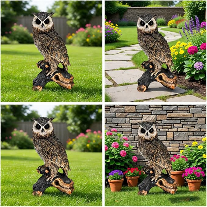 Large Owl Statue Garden Decor Outdoor Indoor, 18.98" H Hand-Painted Resin Owl Sculpture on Tree Stump, Wildlife Figurine Yard Art Ornament for Patio Lawn Porch Housewarming Gift
