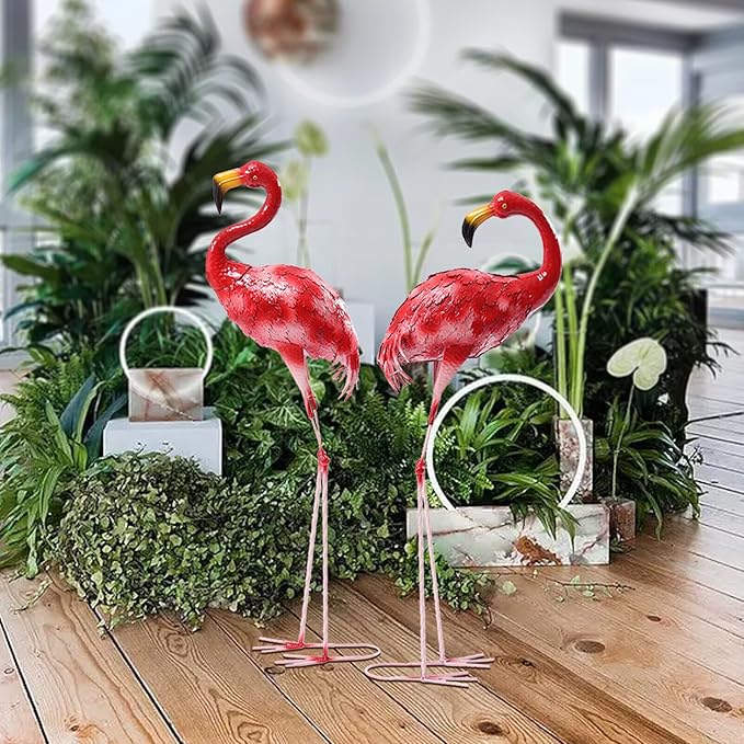 Red Flamingos Yard Decorations,2 Pack Extra Large 37.8" /35.4" Tall Iron Flamingo Sculptures Lifelike Flamingo Figurine Set for Home Patio Lawn Garden Art Backyard Decor