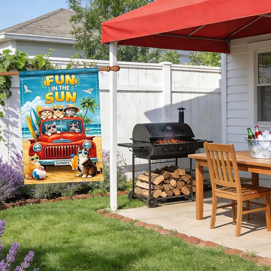 Nuxovilar Large Summer Garden Flag Fun In The Sun Cat Beach Truck Pattern Polyester 28×40 Inches Garden Flags for Outside Fun Decor Yard Porch Lawn