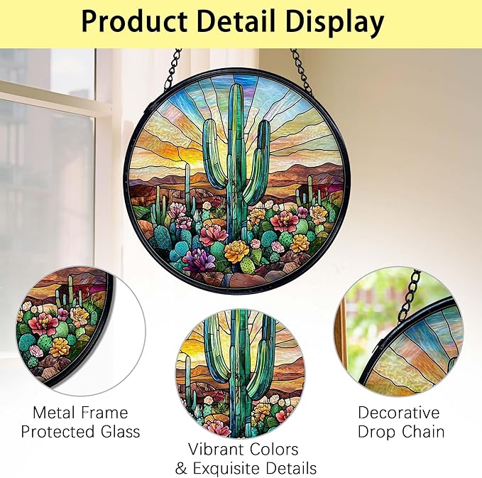 TNUW Western Cactus Stained Glass Window Hanging, Southwestern Desert Cactus Landscape Sun Catchers Indoor Window Glass Round Wall Art Decor, Western Wall Hanging Decorations, 7.9"x7.9"Suncatchers