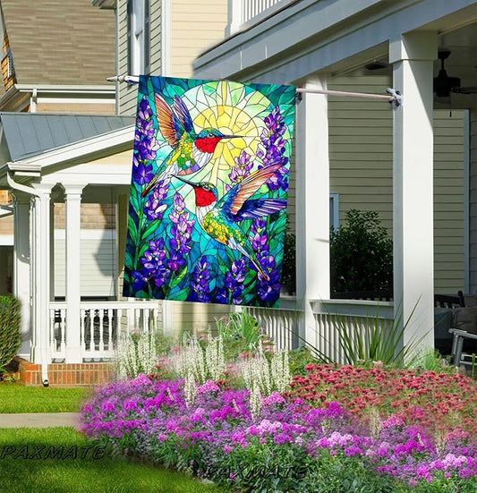 Spring Summer Hummingbird House Flag Double Sided 28x40 Inch, Stained Glass Hummingbird Floral Outdoor Flag Seasonal Farmhouse Outside Outdoor Decoration