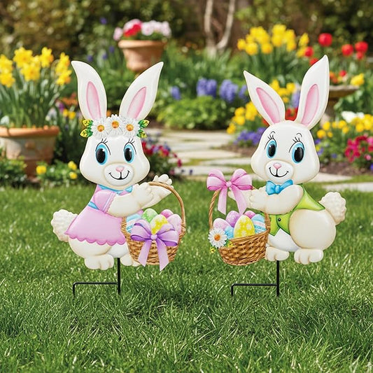 2PCS Spring Rabbit Metal Yard Decorations Stakes, Grandmas Garden Easter Holiday Yard Decoration Outdoor Stakes, Memorial Personalized Unique Garden Gifts Women for Grandma Statue