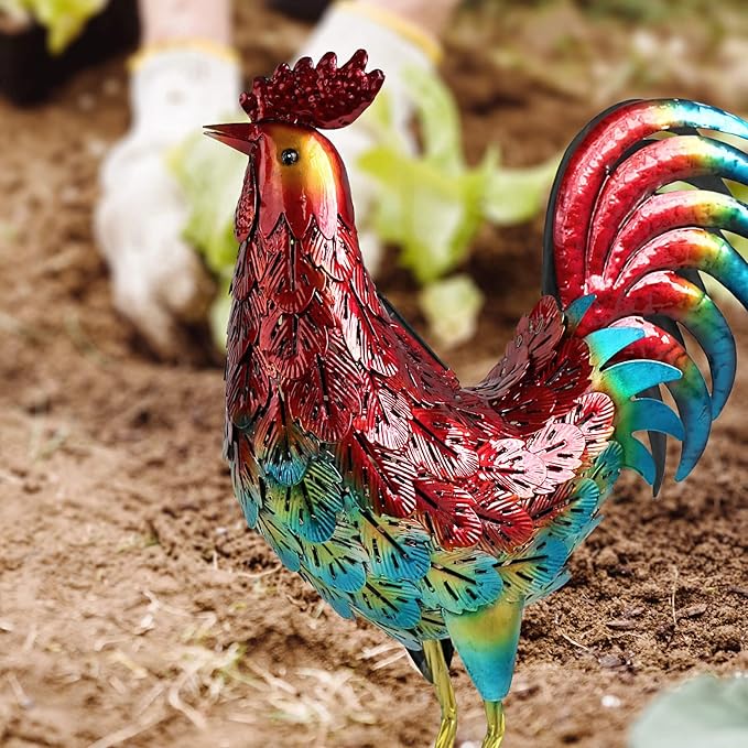 Kircust Solar Metal Rooster Animal Lights Garden Sculptures Art Decor, Outdoor LED Light Color Chicken Statue for Farm Patio Lawn Back Yard Home Decorations,13.98" WX5.9 DX16.74 H