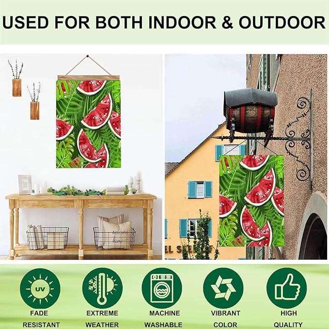 Mugod Sweet Watermelon House Flag 28 x 40 Vertical Double Sided, Black Seed Red Pulp Green Skin Summer Themed Farmhouse Holiday Outside Decorations Large Burlap Yard Flag