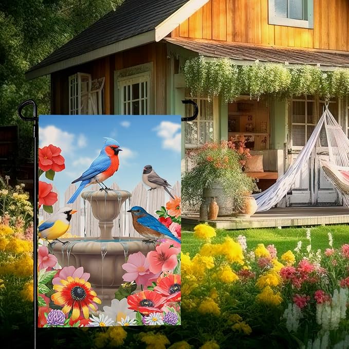Summer Birdbath Gathering Garden Flag Birds Floral Yard Flag Double Side Polyester Colorful Flowers Garden Flags 12x18 Inch for Outdoor House Banner Decoration