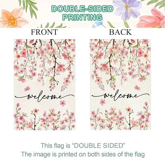Baccessor Spring Summer Welcome House Flag 28 x 40 Inch Double Sided Burlap Pink Floral Cherry Blossom Green Leaf Farmhouse Large Yard Flag Summer Holiday Seasonal Outdoor Outside Decoration