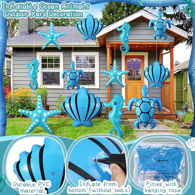 12 Pcs Summer Inflatables Outdoor Decorations Large Inflatable Starfish Seahorse Shell Turtle Hanging Ornaments Beach Party Decorations Giant PVC Ocean Animals Yard Decor for Indoor Outdoor