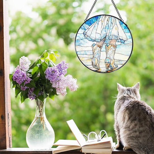 Western Cowgirl Boots Stained Glass Window Hanging Suncatcher, Western Cowboy Sun Catcher Indoor Window Decor Gifts for Women, Blue Country Painted Glass Wall Hanging Decorations 7.8x7.8 in