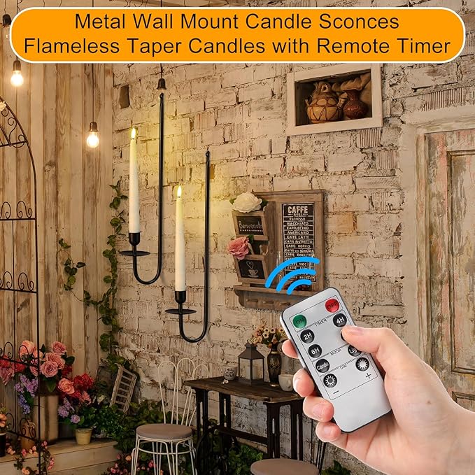 Tessco for you Metal Wall Mount Candle Sconces with 9.6" LED Flameless Taper Candles and Remote Timer 16.5" Wall Hanging Sconces Set for Living Room Fireplace Hallway Stairway(Black,4 Set)
