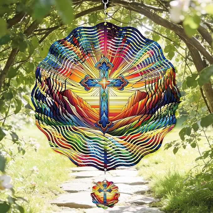 Cross Wind Spinner Outdoor - 12 Inch 3D Christian Cross Hanging Decor, Colorful Christian Metal Spinner Gift, Kinetic Yard Art Ornament for Garden Patio Porch Lawn