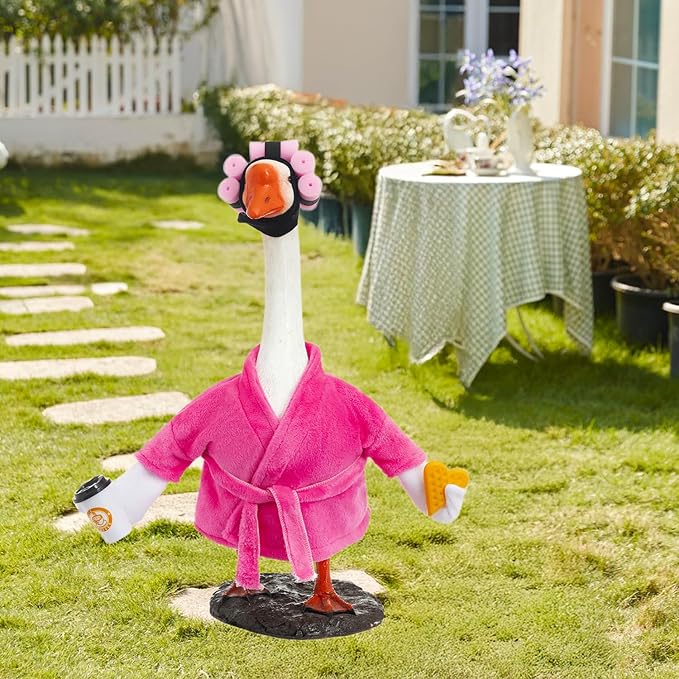Porch Goose Outfit Fall Costume for 23'' Cement Goose Statue Winter Porch Goose Clothes Mamma Robe Self Care Outfit with Bathrobe Coffee Curlers for Outdoor Garden Yard Lawn Patio Decoration(Rose Red)