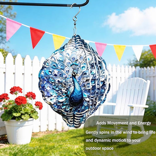 Wind Spinners Blue Peacock Feather Art 9.8 x 9.8 Inch Metal Wind Spinner Outdoor Garden Decor Elegant Bird Illustration Decorative Wind Spinners for Yard Patio