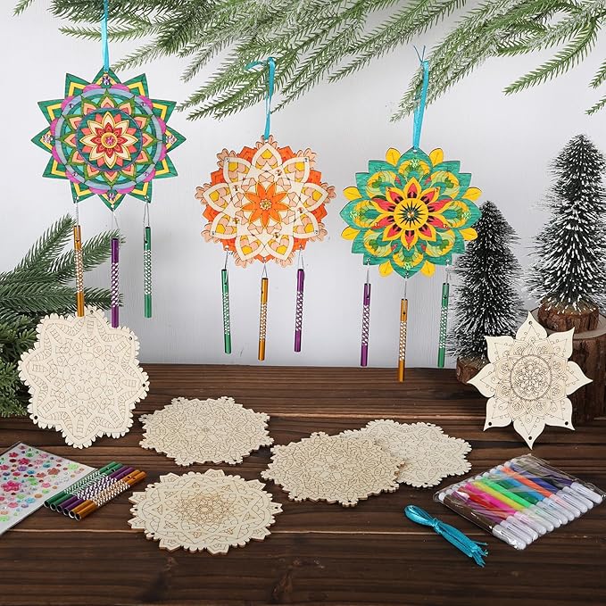 Amyhill 16 Sets Mandala Wind Chimes Craft Kit Make Your Own Mandala Wind Chime DIY Unfinished Wood Hanging Ornaments Coloring Painting Craft Kits for Gifts Adult Party Birthday Activity Home Decor
