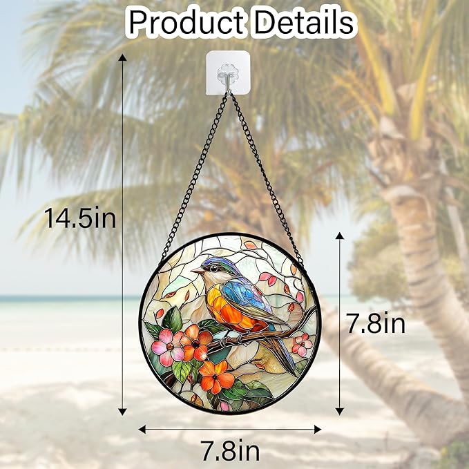 DASTOLL Stained Glass Window Hanging, Blue Bird Pink Flower Suncatcher Diamond Glass Panel Bird Sun Catchers Decor for Birthday for Women, Men, Wife, Aunt, and Mom 7.8 in