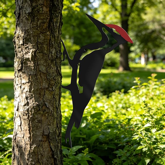 Woodpecker Metal Yard Decor, Red Head Bird Tree Branch Decoration - Rustic Metal Yard Art for Garden, Fence & Outdoor Decoration