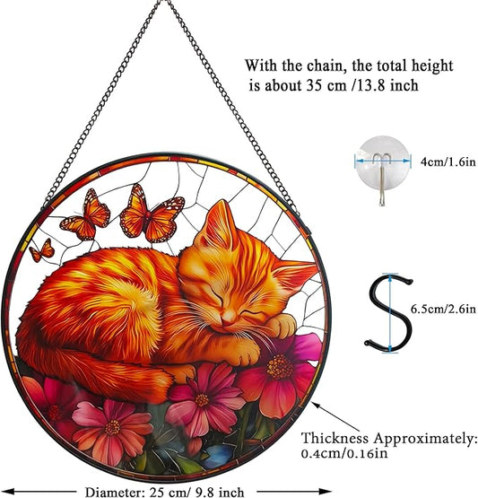 Cat Pattern Suncatcher Stained Glass for Kitty Lovers, Stain Glass Windows Hanging 9.8'' Painted Sun Catcher Hangings Sleeping Cat Home Decor Gift for Women