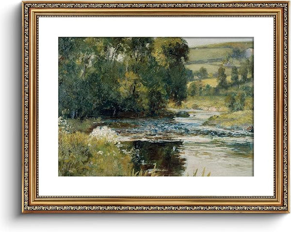 ARPEOTCY Vintage Gold Framed Large Wall Art, Nature Streamside Retro Paintings, Canvas Prints Artwork with Antique Frame, Victorian Wall Pictures Decor for Living Room Gallery Room 16x20 inch