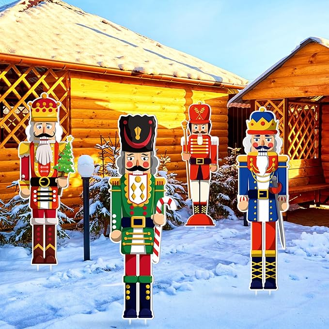 Geetery 4 Pcs Large Nutcracker Yard Sign with 16 Stakes 32 Inch Christmas Yard Decorations Outdoor Holiday Nutcracker Xmas Outside Lawn Decor for Garden Pathway Party(Red,Blue,Green,Classic)