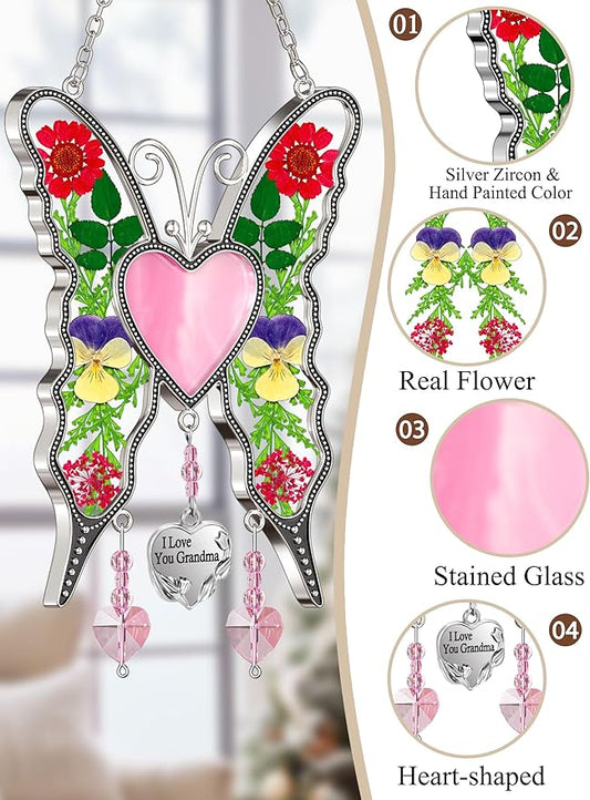KY&BOSAM Heart Butterfly Suncatcher I Love You Grandma Stained Glass Panels Pink Heart for Windows Wind Chimes Metal Engraved Charm Gifts for Grandma Mothers Day Valentine's Birthday Christmas