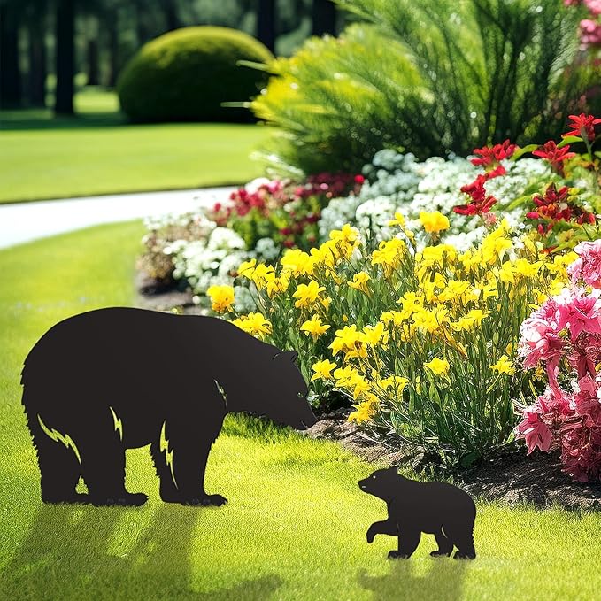 2PCS Black Animal Metal Garden Stakes, Decorative Gifts for Animal Lovers, Women & Men, Black Bear Silhouette Statues for Yard Art, Patio, Lawn, Garden Decorations (Bear)