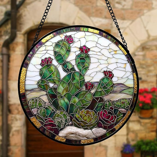 DASTOLL Stained Glass Window Hanging,Green Cactus Purple Flowers Suncatcher Diamond Glass Panel Sun Catchers Decor for Birthday for Women, Men, Wife, Aunt, and Mom 11.8x11.8 in