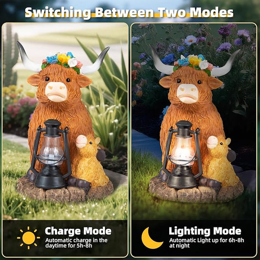 Highland Cow Solar Lights, Solar Powered Statues for Garden,Outside Decor with Latern for Yard Birthday Easter Gifts for Grandma Mom Women Funny Decorations for Yard and Patio Gifts
