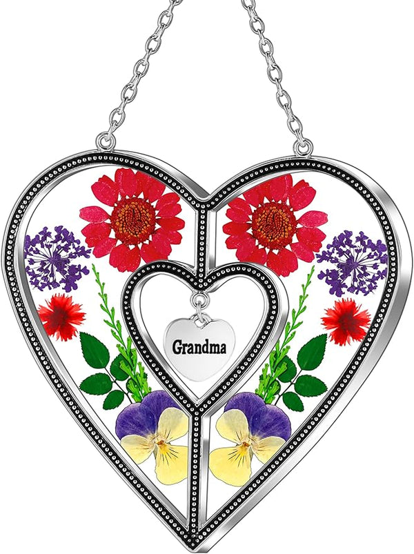 KY&BOSAM Grandma Heart Suncatcher Grandma Gifts Staiend Glass Wind Chimes for Outside Pressed Flower Colorful Heart Suncatchers Outdoor for Garden Windows Indoor Home Trees Patio Yard Porch Decor
