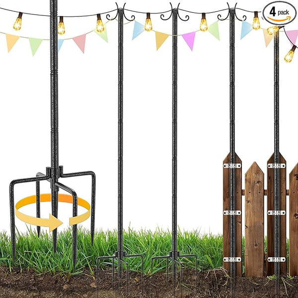 StarryEver 4 Pack String Light Poles, Metal Lights Hanging Pole with 2 Hooks and Rustproof, for Yard Patio Decor, Camping, Sun Shades Outdoor, Outside Decor
