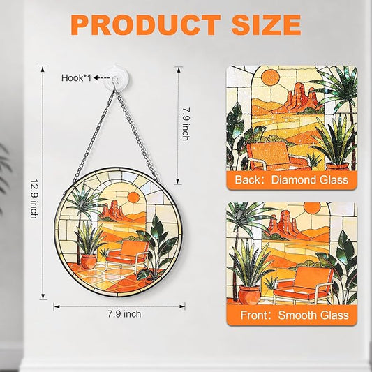 Hanging Stained Glass for Windows,20cm/7.87inch Desert Sunset Stained Glass Suncatcher with Chain Garden Diamond Glass Panel Hangings Decoration for Home Decor Gifts for Family Friends Colleagues