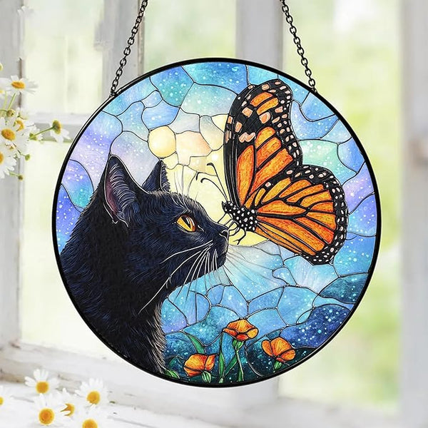 Black Cat Gifts, Cat Memorial Suncatcher Gift for Loss of Cats, Butterfly Stained Glass Suncatcher Window Hanging Decor for Garden, Pet Loss Gift Christmas Birthday Sympathy Gifts for Pet Lovers Women