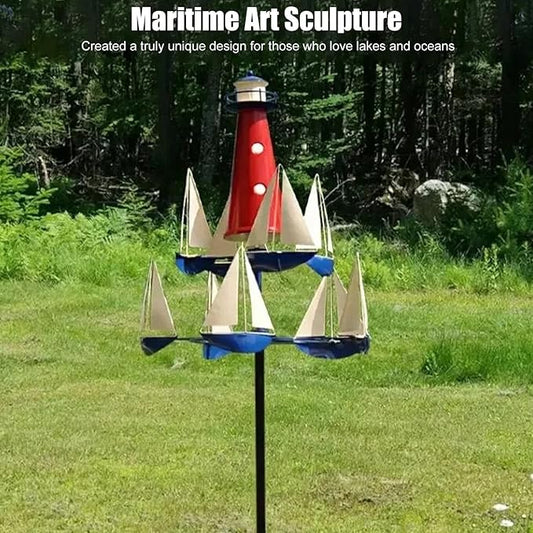 Fdit Sailboat Windmill, Metal Garden Wind Sculpture, Red White Blue, Lighthouse Art Design, for Lawn Patio Decoration