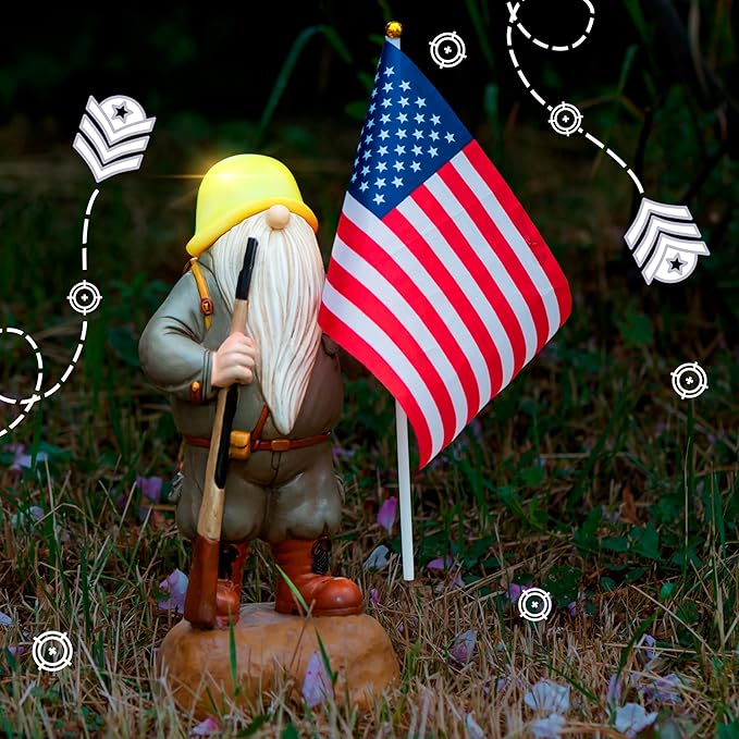 Patriotic Solar Garden Gnome with American Flag, 11" Resin Armed Garden Gnomes Outdoor Statue, Military Yard Gnome Decor, Gift for 4th of July, Memorial Day, Veterans Day