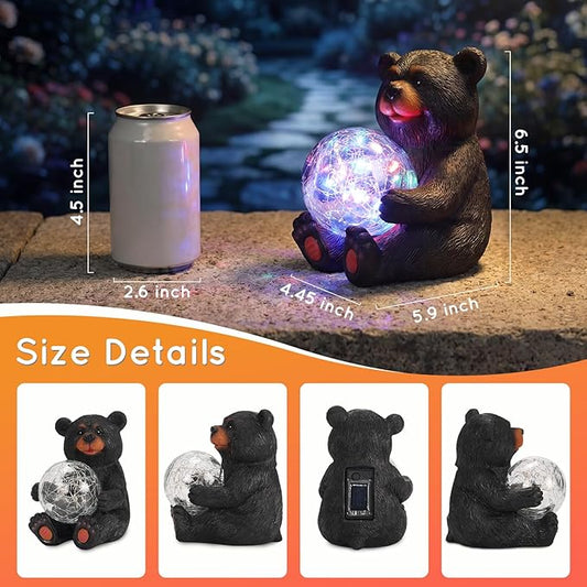 Lavezee Black Bear Statue Outdoor Garden Decor, Bear Figurine Holding Glowing Orb for Garden, Patio, Yard Decor