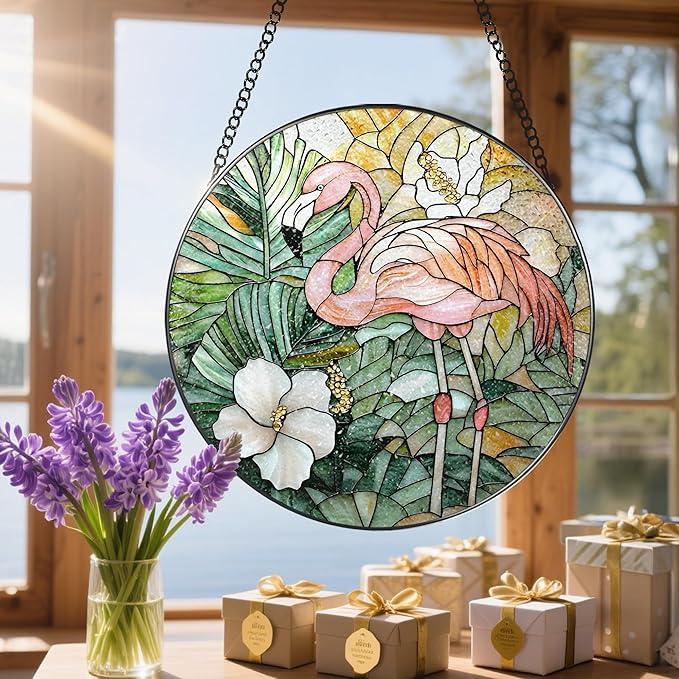 8โณ Stained Glass Window Hanging Ornament, Flamingo Stained Glass Suncatcher Ornament, Sun-Catcher Window Decor | Housewarming & Birthday Gifts, Festival Gift | Gifts for Flamingo Lovers