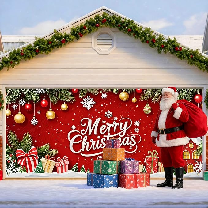 IVN Christmas Garage Door Cover Decoration 13x6ft Red Background Pine Garland Gifts and Gold Ornaments Merry Christmas Winter Garage Door Banner Home Door Front Yard Decor for Xmas Eve Holiday Outdoor
