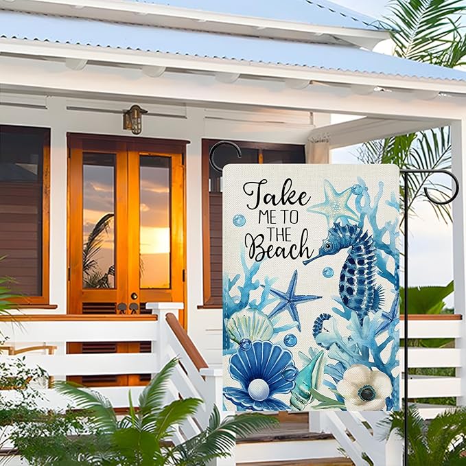 Dyrenson Summer Take Me To The Beach Decorative Garden Flag, Coastal Seahorse Starfish Conch Coral Yard Outside Home Decoration, Spring Anemone Burlap Outdoor Small Decor Double Sided 12 x 18