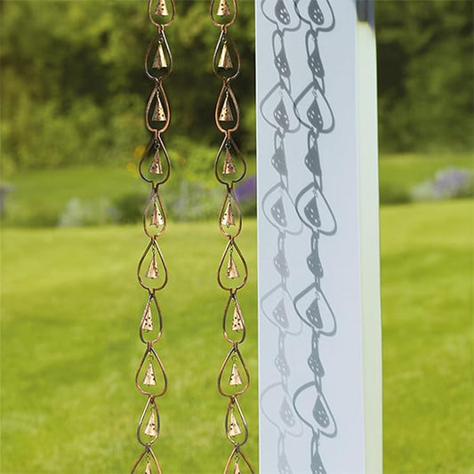 BestNest Ancient Graffiti Aspen Leaf & Bell Rain Chains, Pack of 2 – Decorative Steel Gutter Downspout Replacement with Copper Finish, Leaf Frames & Soothing Bell Chimes