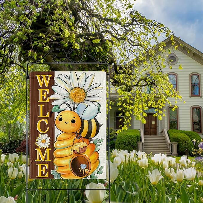 Dyrenson Welcome Spring Summer Bumble Bee 28 x 40 House Flag Double Sided, Daisy Flower Honeycomb Garden Yard Decorations, Farmhouse Honey Floral Burlap Outdoor Decor Decorative Large Flag