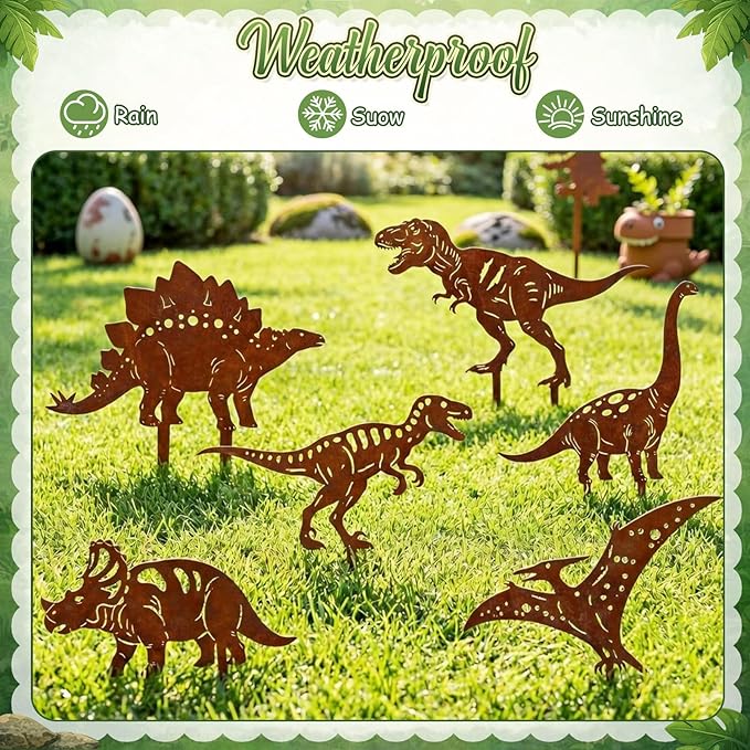 6 Pcs Rusty Dinosaur Garden Statues Decor Metal Porch Dinosaurs Stake Outdoor Lawn Decor Decorative Dinosaur Lovers Gift Real Rust Yard Sign for Yard Patio Garden Pathway Courtyard