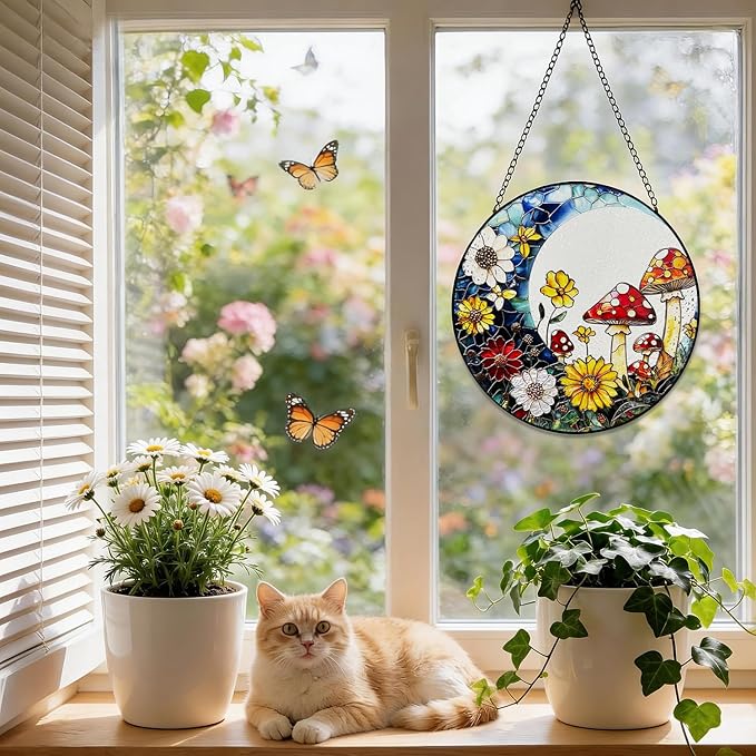 Stained Glass Window Hanging, 8 Inch Mushroom Suncatcher, Sun Catchers Indoor Window, Mushrooms Flowers Suncatchers for Windows Hanging, Spring Home Garden Decor Panel Gifts for Women Mom Grandma