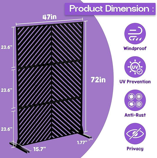 MTART Metal Privacy Screen 72" H x 47.2" Decorative Outdoor Privacy Screen Privacy Panel with Stand for Balcony Deck Patio Lawn Garden, Privacy Fence (Black-Arrow)
