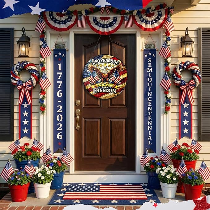 Leinuosen 250 Anniversary of Stained Glass Suncatcher 250th Anniversary Hanging Decoration 1776-2026 Us Window Stained Ornament for Patriotic People American Independence Freedom Day Gift Decoration