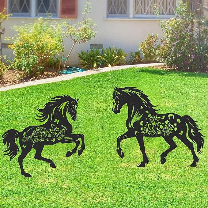 Metal Horse Decor for Outside,2 Piece Black Horse Silhouette Statues Garden Decor for Outside,Outdoor Decor,Yard Art,Lawn Ornaments,Gifts(Black Horse)