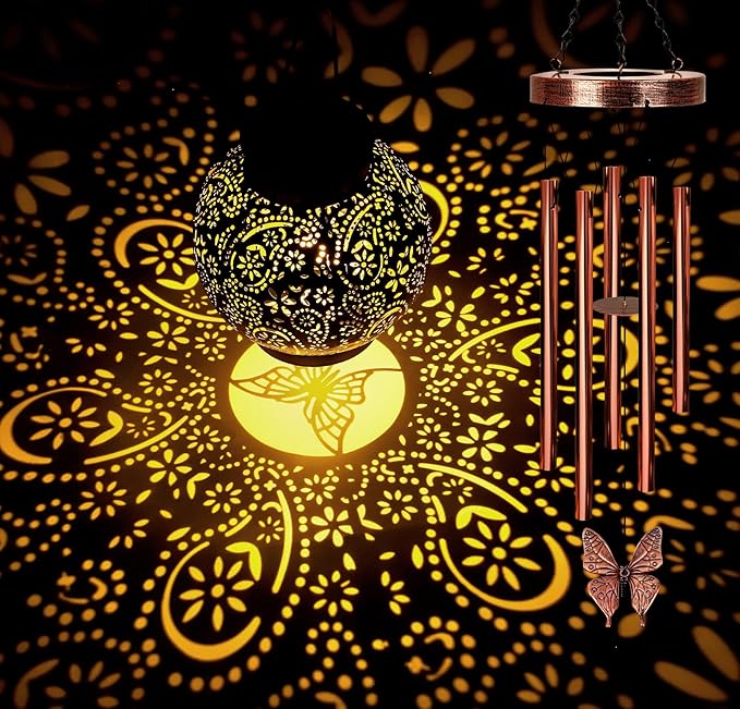 YHmall Solar Wind Chimes for Outside, Butterfly Birthday Gifts for Women Mom, Flower Solar Lantern Windchimes Outdoors, Hanging Memorial Wind Chimes for Garden Decor