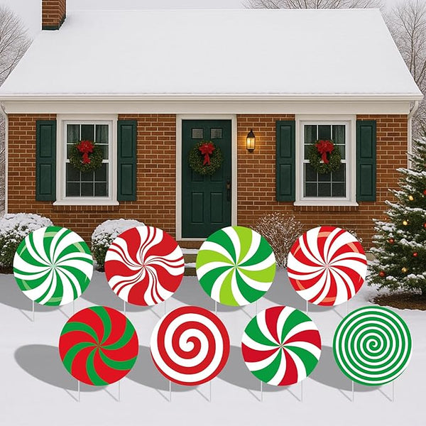 8-Piece Christmas Candy Yard Signs with Stakes Decorations – 8 Assorted Peppermint and Lollipop Designs 12.6 x 12.6 Inches Large Round Candy Signs for Outdoor Garden and Lawn Holiday Party Favor